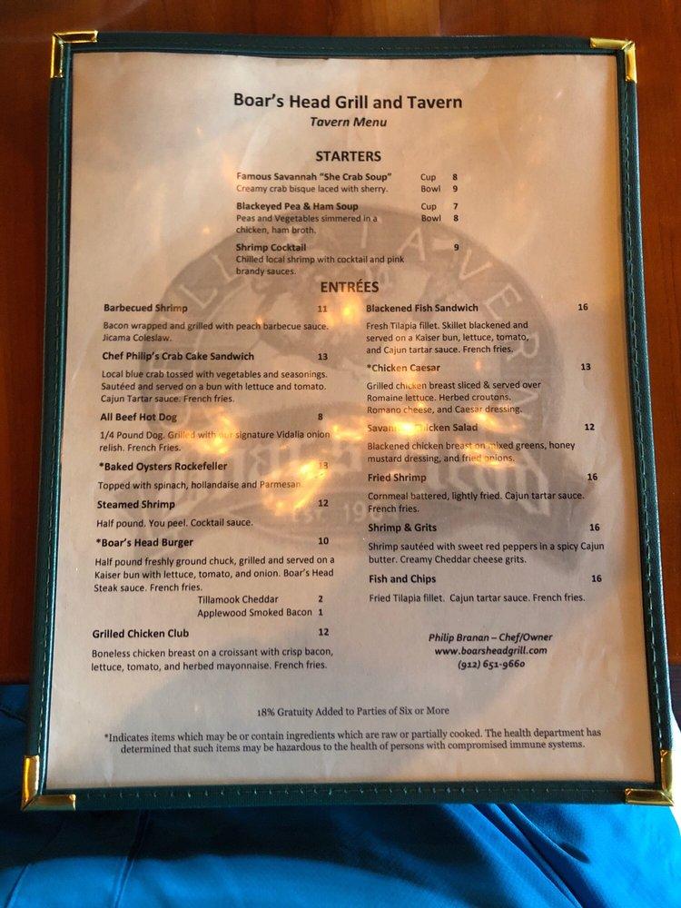 Menu at Boar's Head Grill & Tavern pub & bar, Savannah