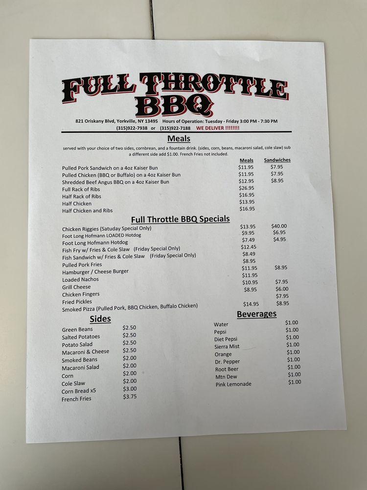 Menu at Full Throttle BBQ, Yorkville, 821 Oriskany Blvd