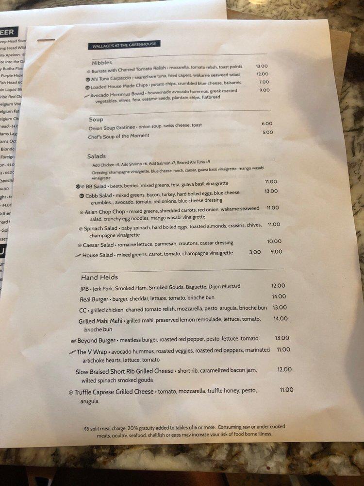 Menu at Wallace's at the Greenhouse restaurant, Homosassa