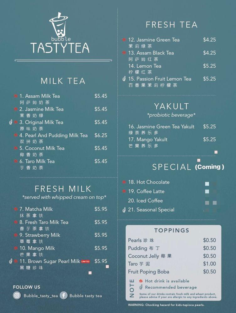 Menu at Bubble Tasty Tea, Abbotsford, South Fraser Way