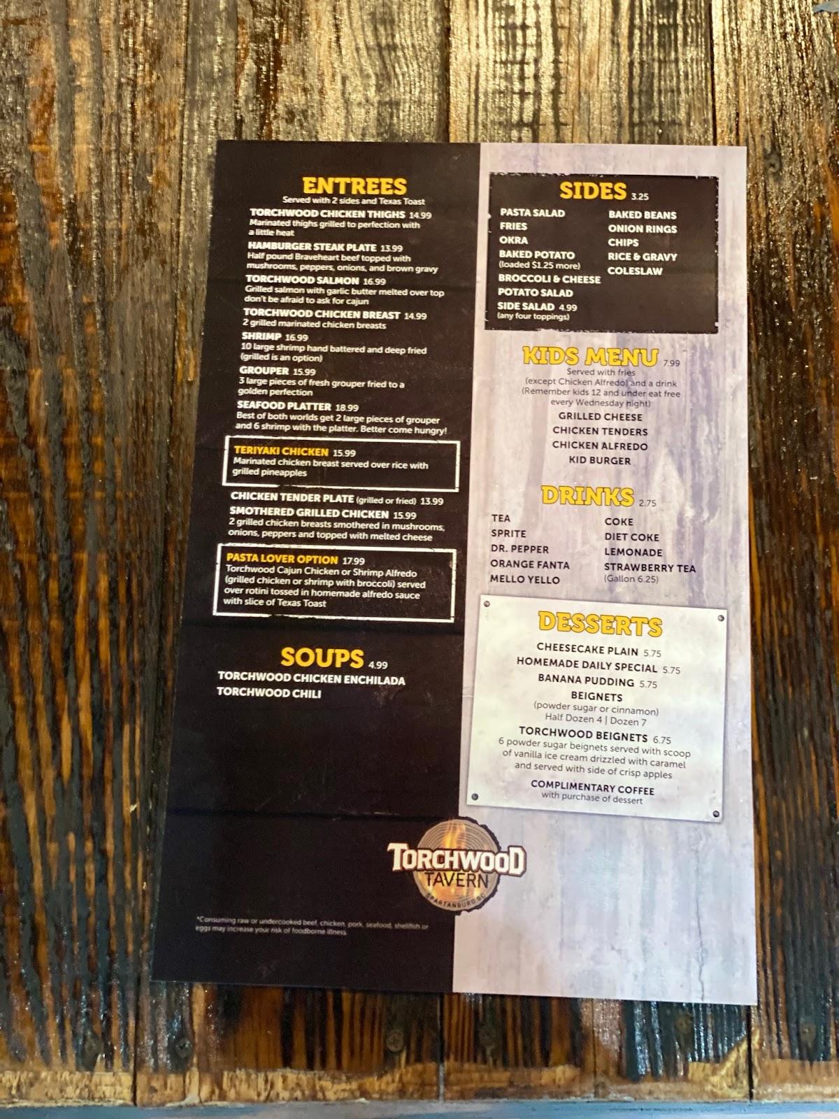 Menu at Torchwood Tavern restaurant, Spartanburg