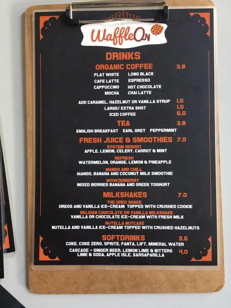 Menu at Waffle On Cairns cafe, Cairns City