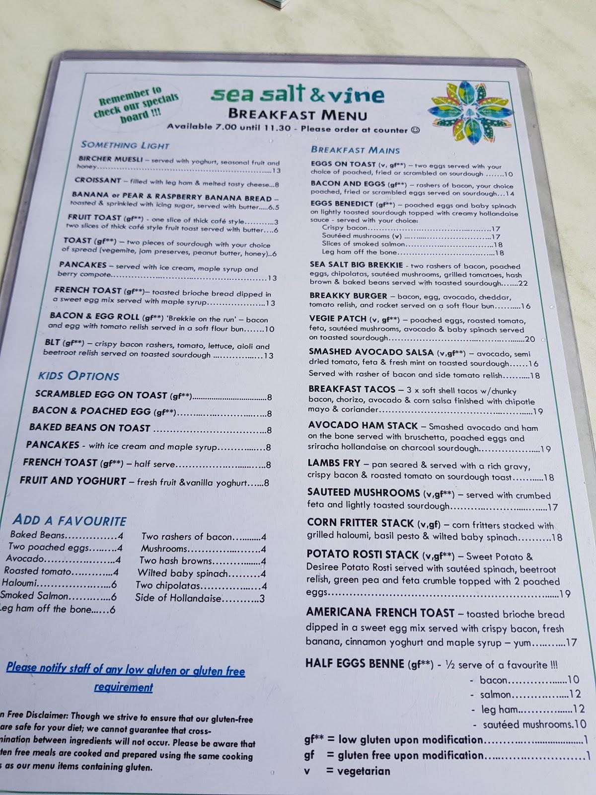 Menu at Sea Salt and Vine cafe, Scarborough