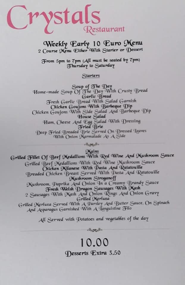 Menu at Crystals Restaurant, Dehesa de Campoamor