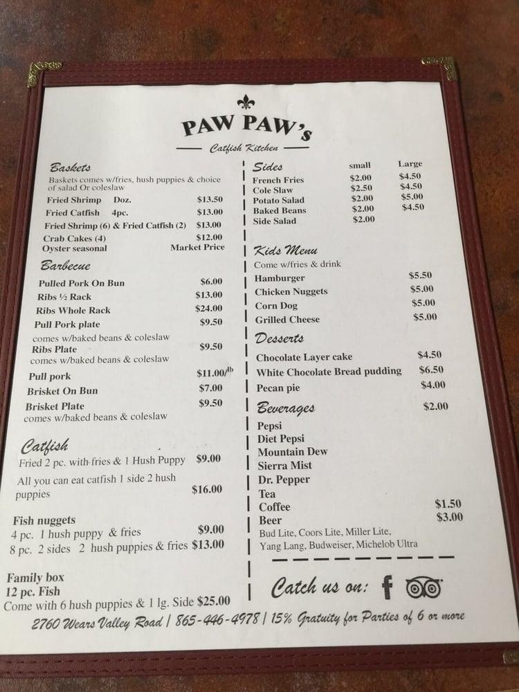 Menu at Pawpaw's Catfish Kitchen BBQ, Pigeon Wears Valley Rd