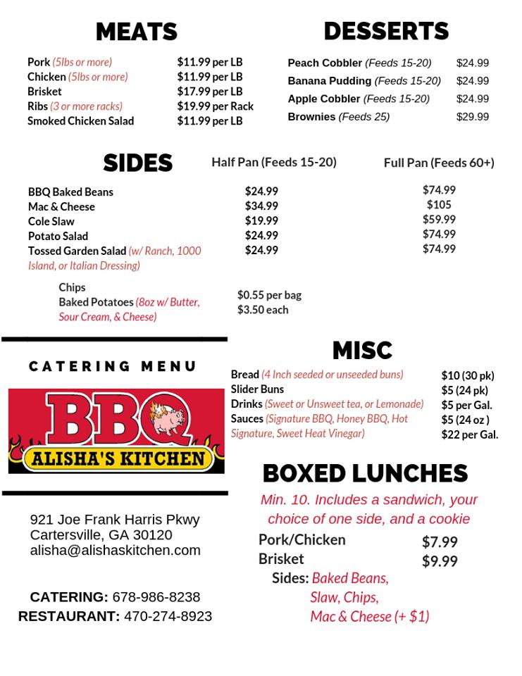 Menu at Alisha's Kitchen BBQ, Cartersville