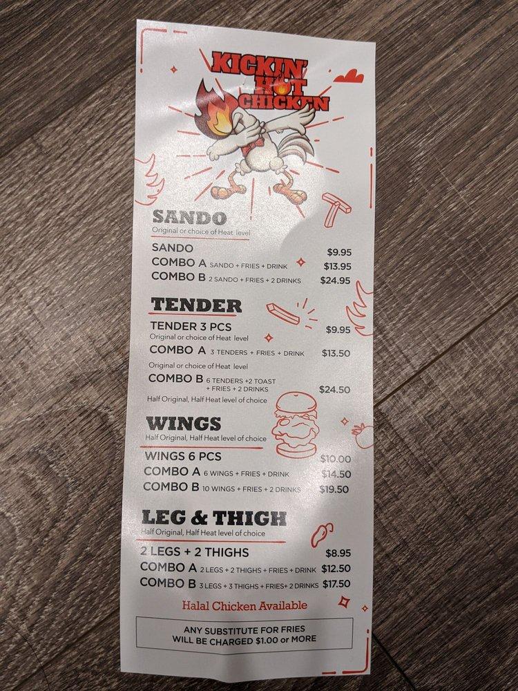 Menu at Kickin' Hot Chicken restaurant, Anaheim