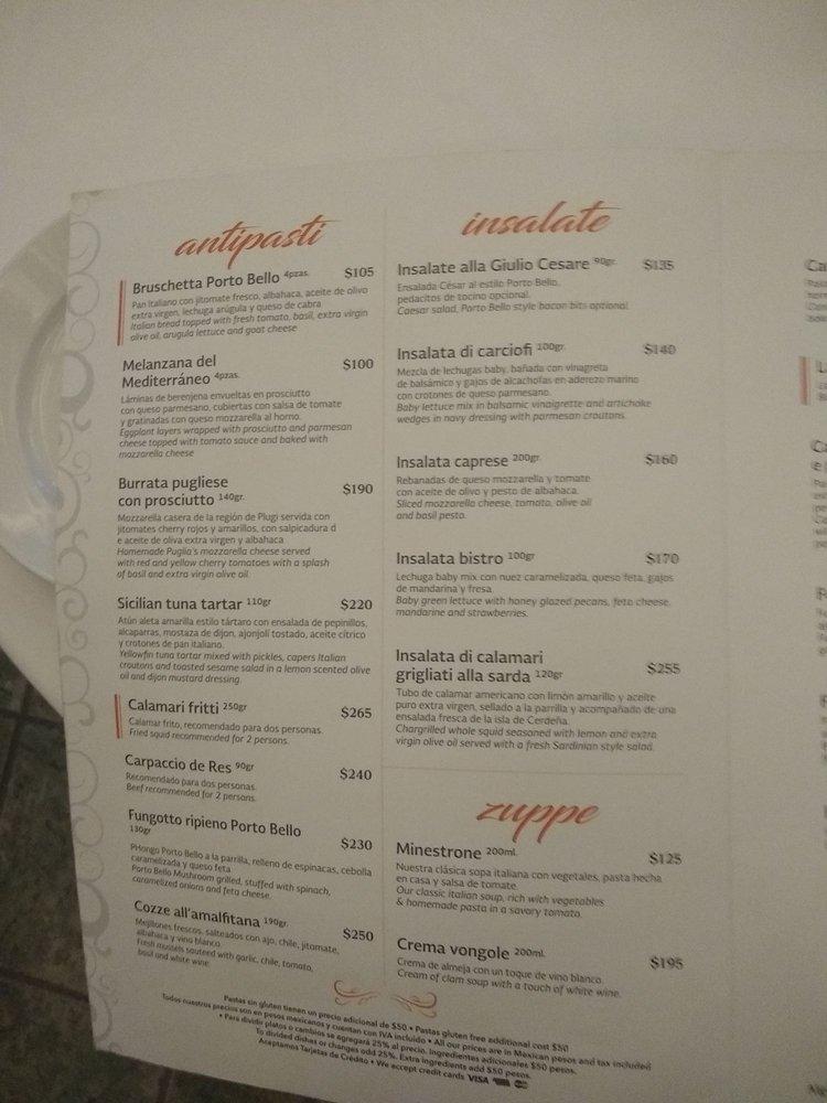 Menu at Porto Bello restaurant, Puerto Vallarta, C. Popa s/n
