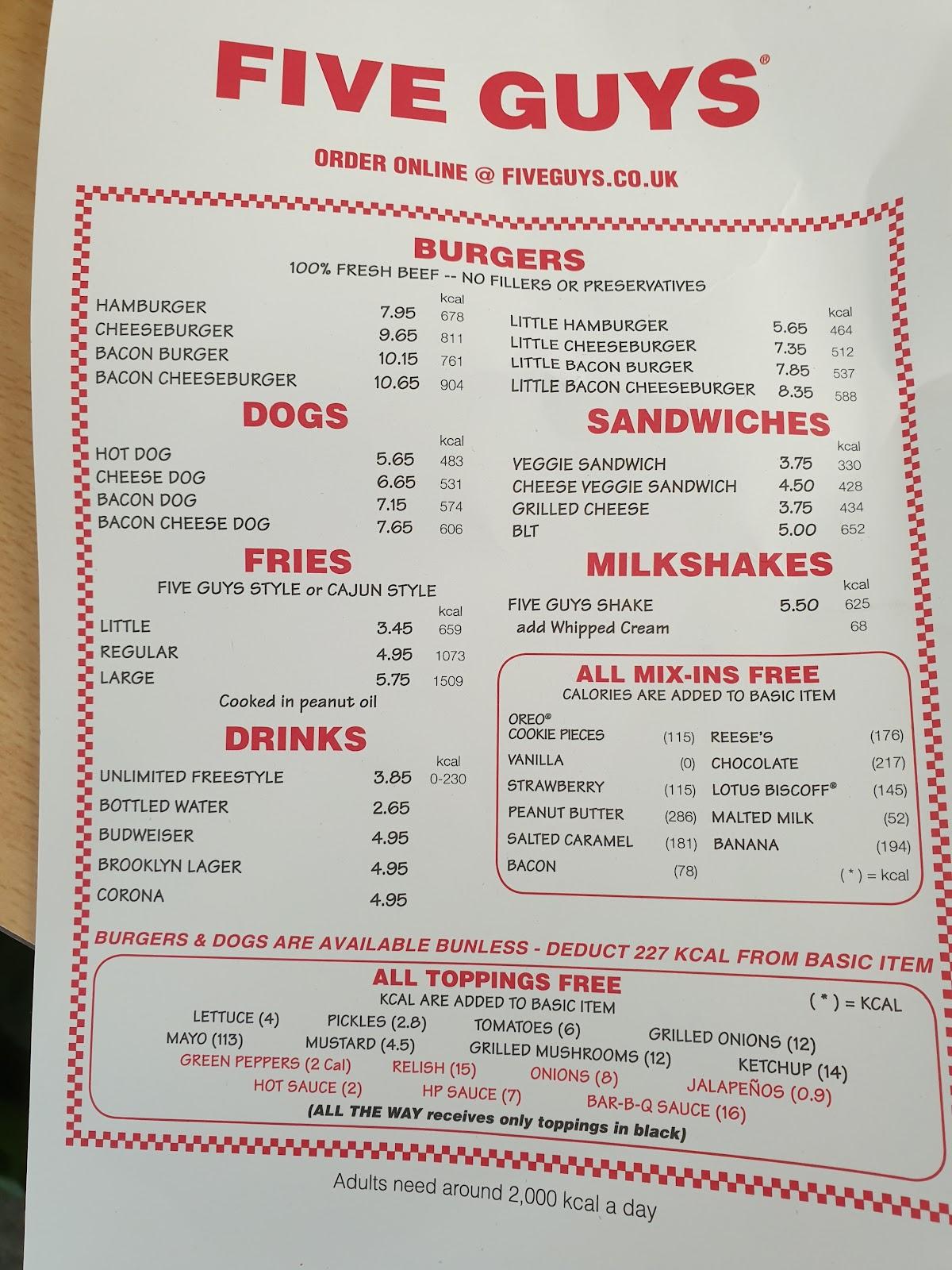 Menu at Five Guys Bath restaurant, Bath