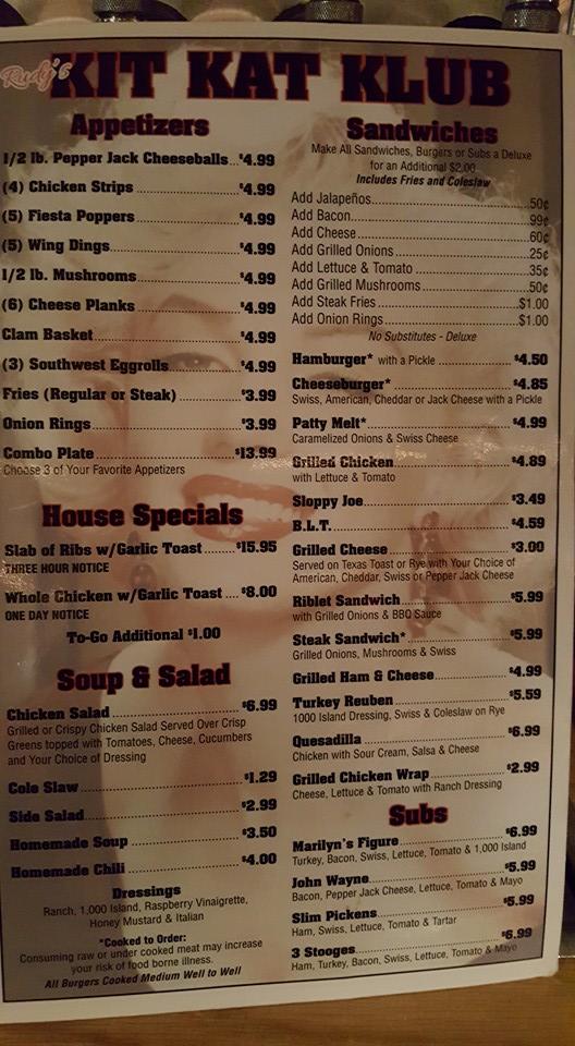 Menu at Rudy's Kit Kat Klub pub & bar,