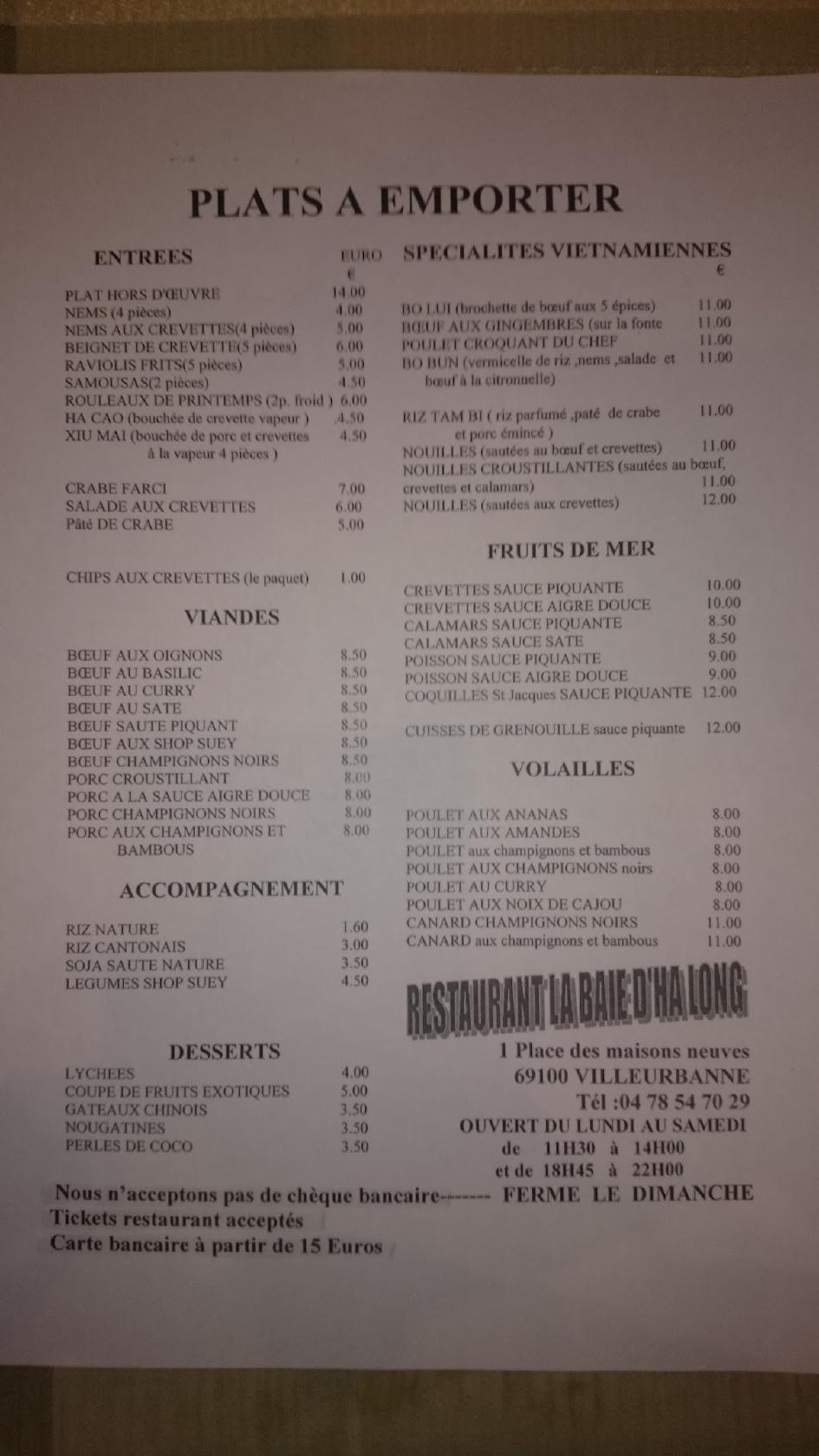 Menu au Restaurant La Baie d'Halong, Villeurbanne, 1 Pl. des Maisons Neuves