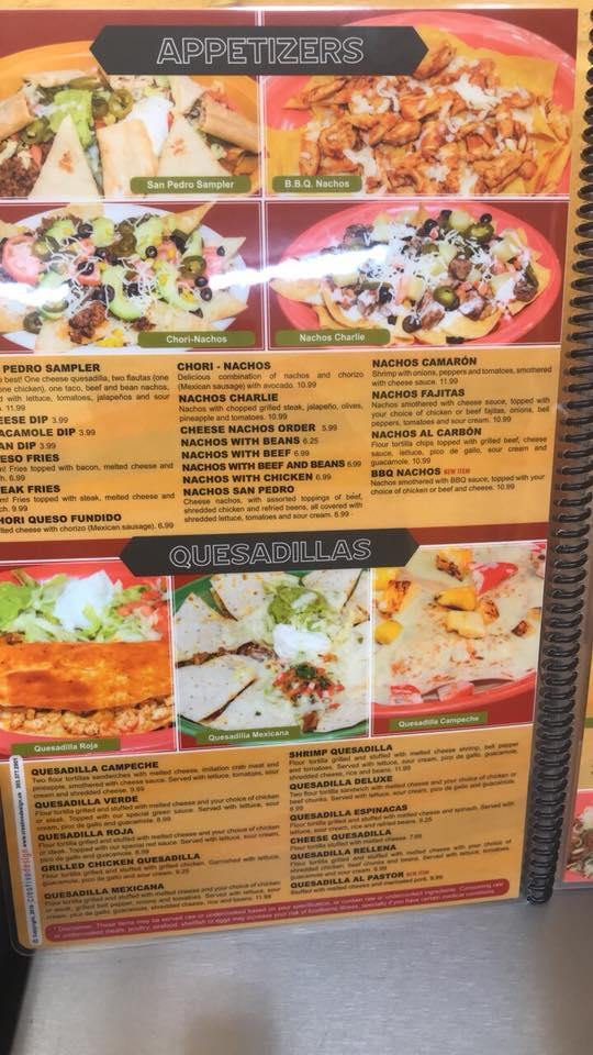 Menu at San Pedro Mexican Restaurant, Torrington