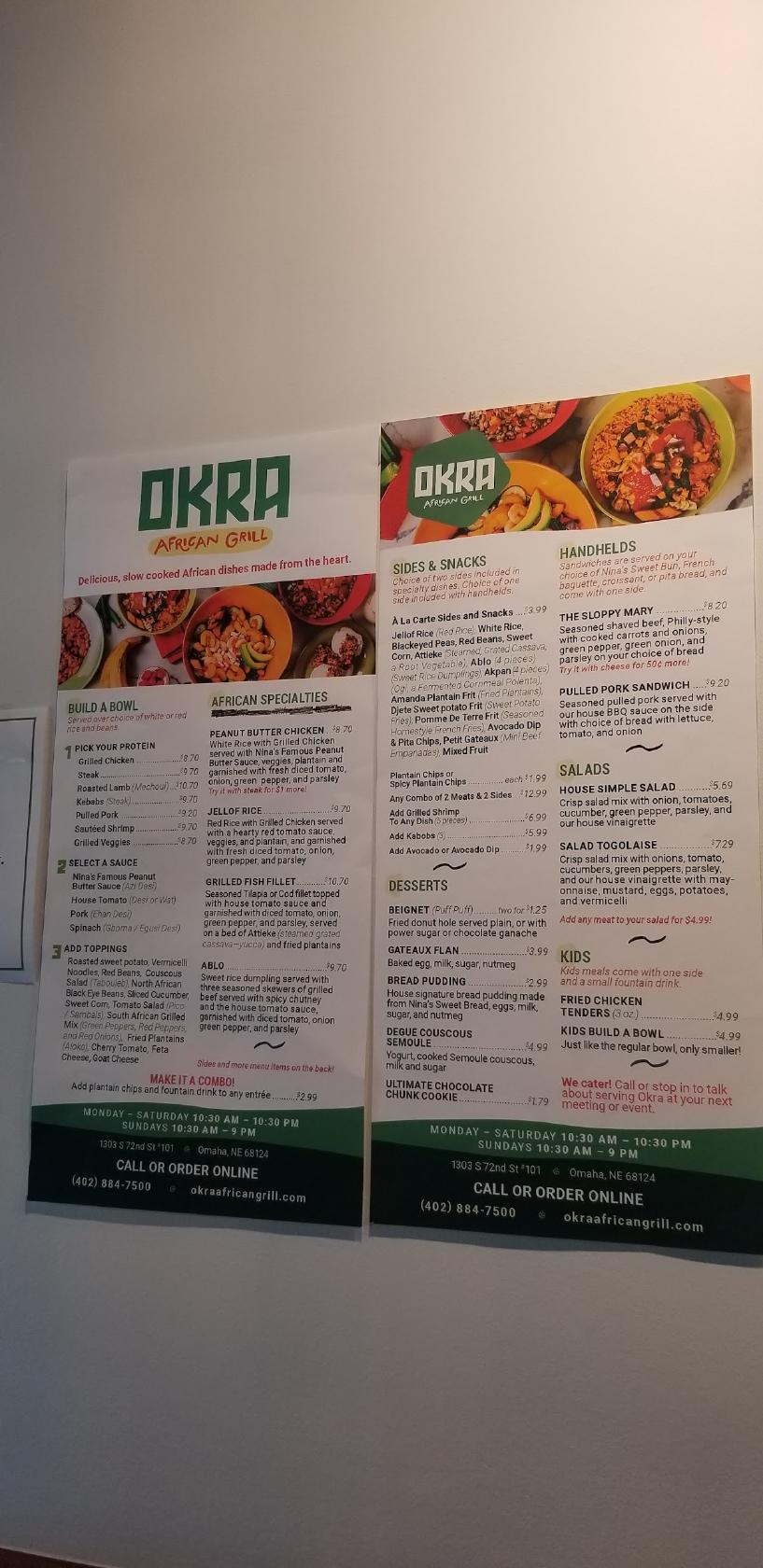 Menu at Okra African Grill desserts, Omaha