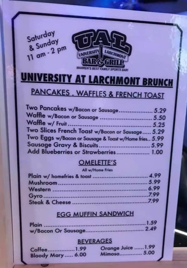 Menu at University At Larchmont pub & bar, Warren