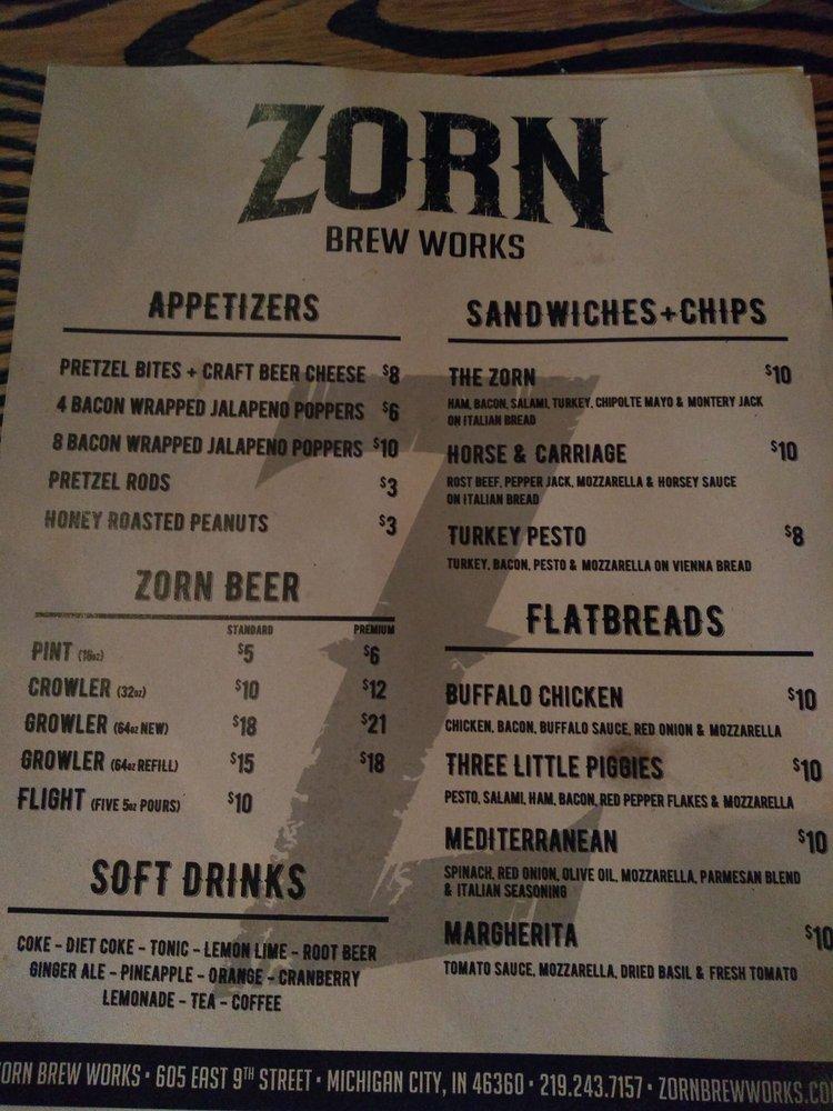 Menu at Zorn Brew Works Co. restaurant, Michigan City