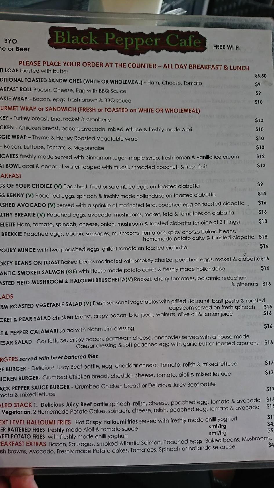 Menu at Black Pepper Cafe, Noosa Heads