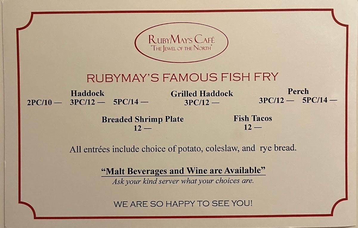 Menu at Ruby May's cafe, Summit Lake
