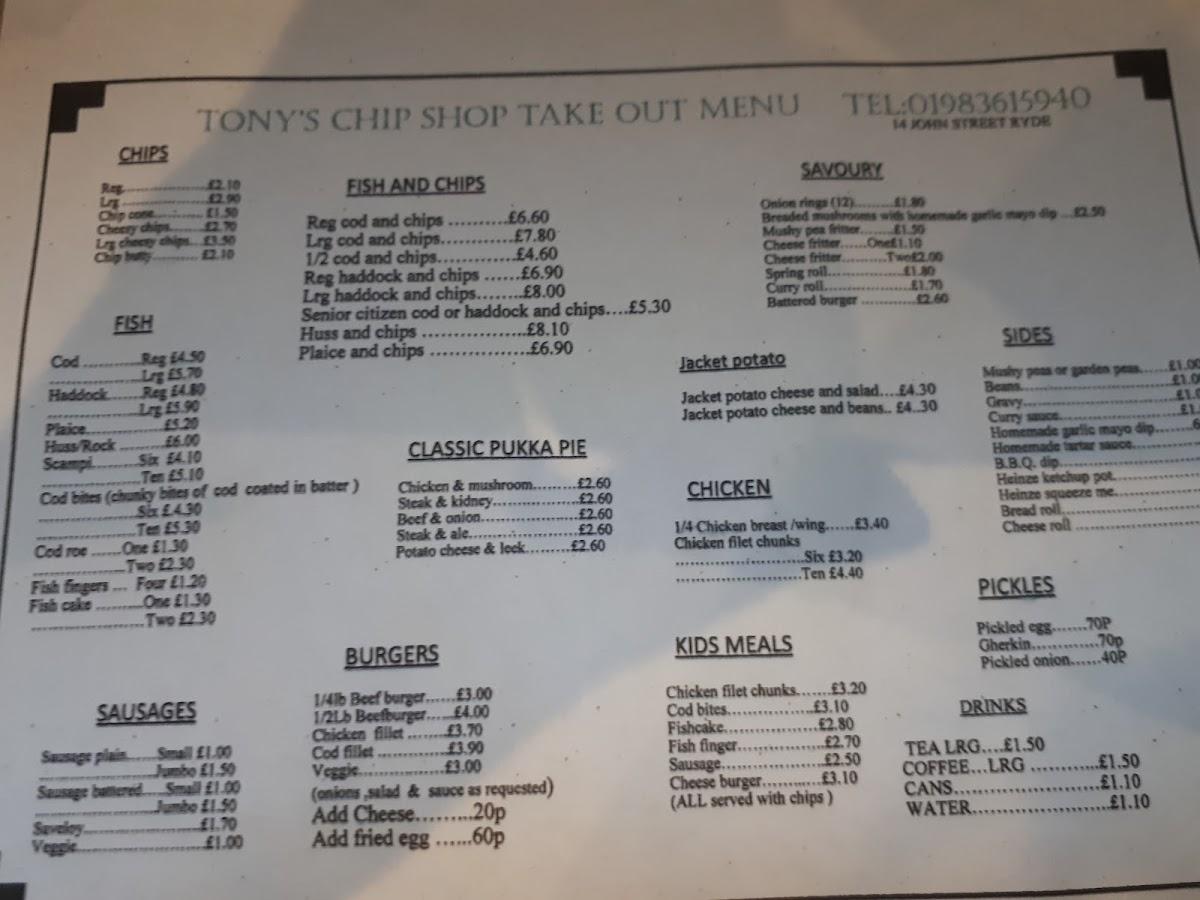 Menu at Tony's Fish & Chip Shop fast food, Ryde