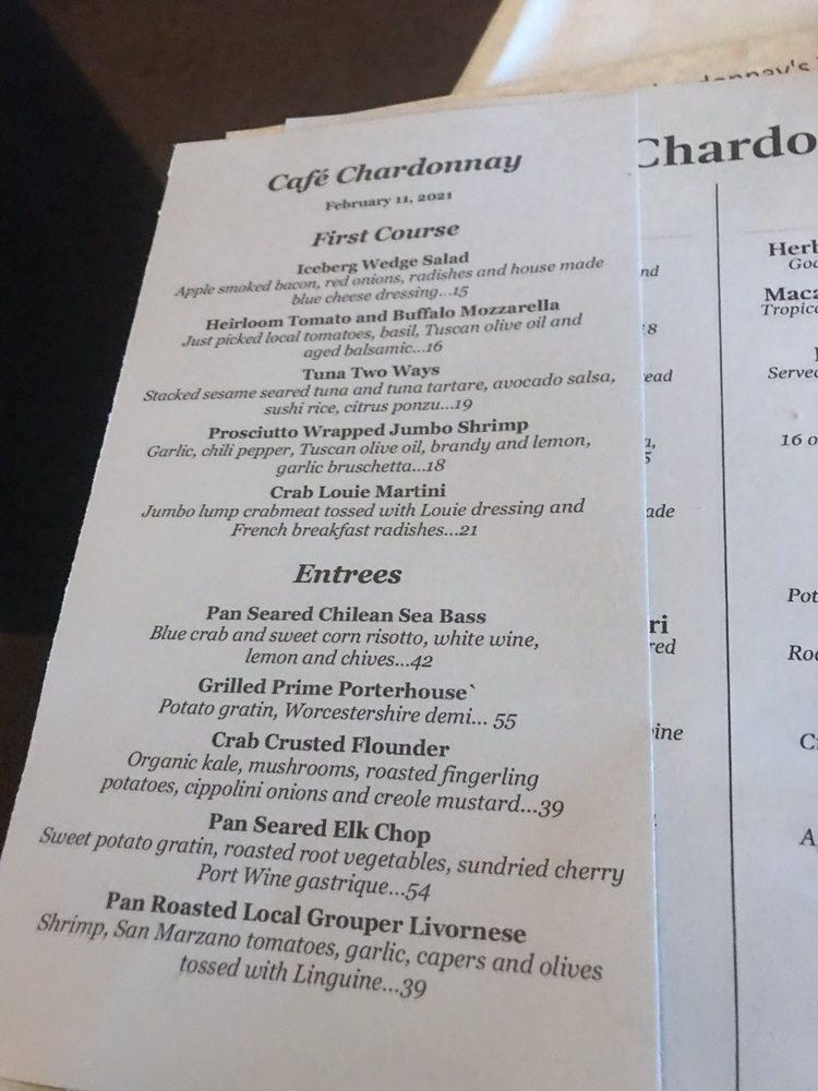 Menu at Café Chardonnay restaurant Palm Beach Gardens PGA Boulevard