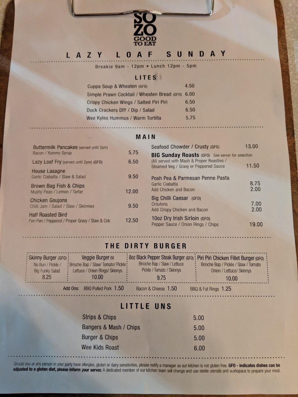 Menu at Sozo Antrim Road cafe, Belfast, 449 Antrim Rd