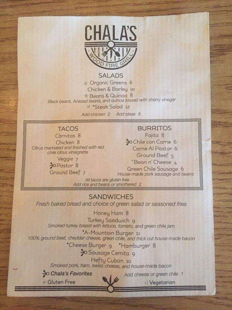 Menu at Chala's Wood Fire Grill restaurant, Las Cruces