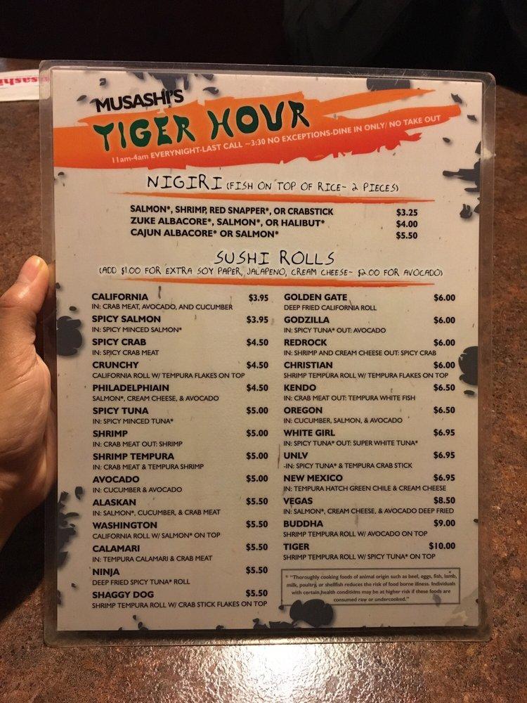 Menu at Musashi Japanese Steakhouse, Las Vegas
