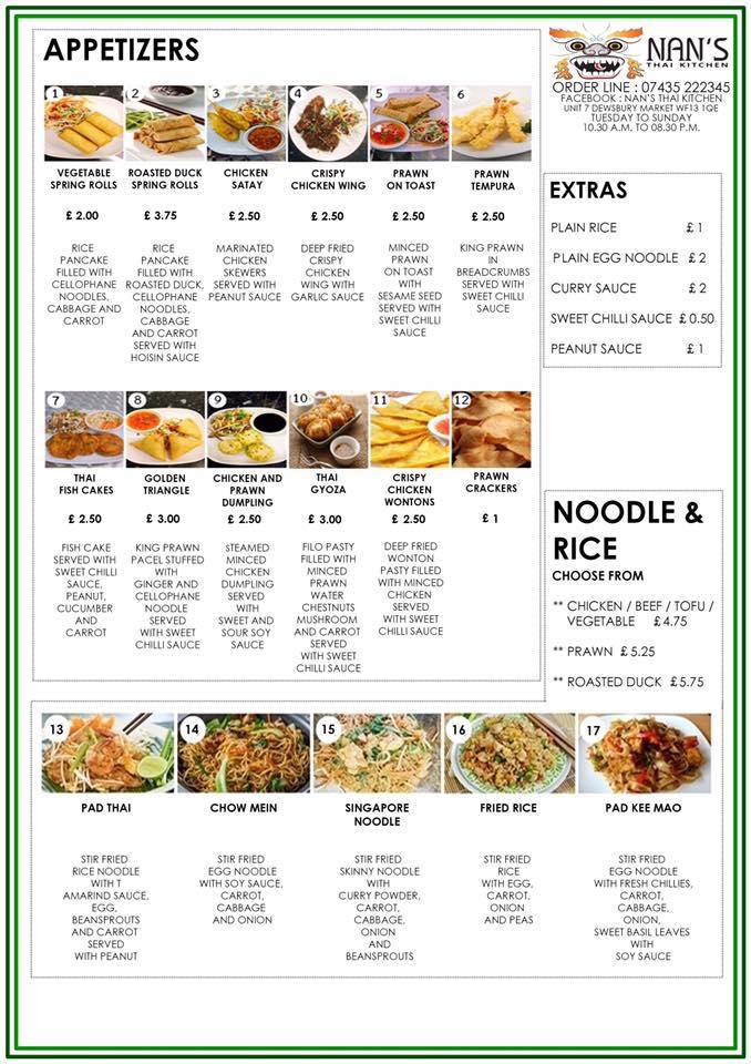 Menu at Nan's Thai Kitchen cafe, Dewsbury