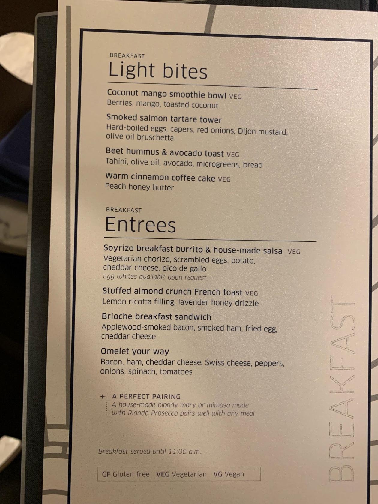 Menu at United Polaris Lounge LAX, Los Angeles