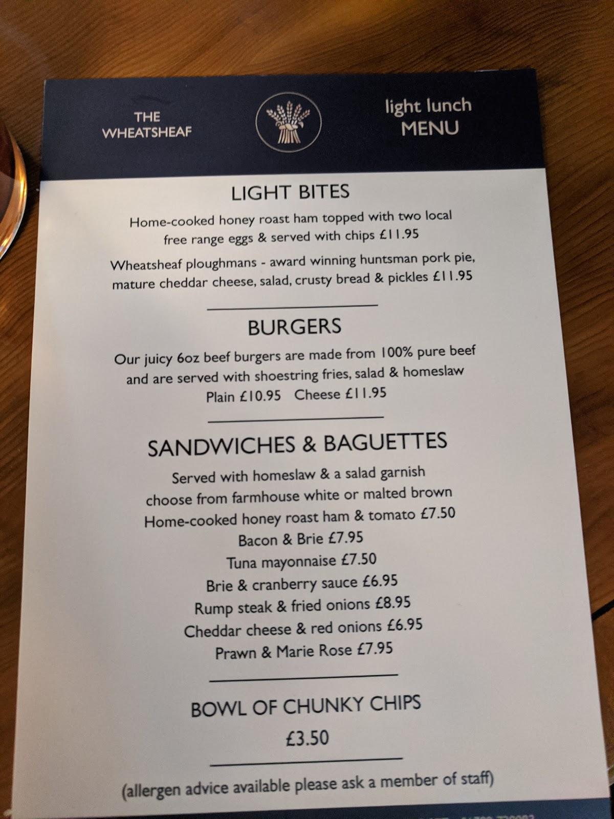 Menu at Wheatsheaf pub & bar, Edith Weston