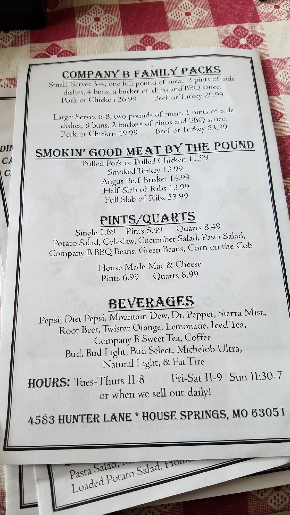 Menu At Company B Bbq, Byrnes Mill