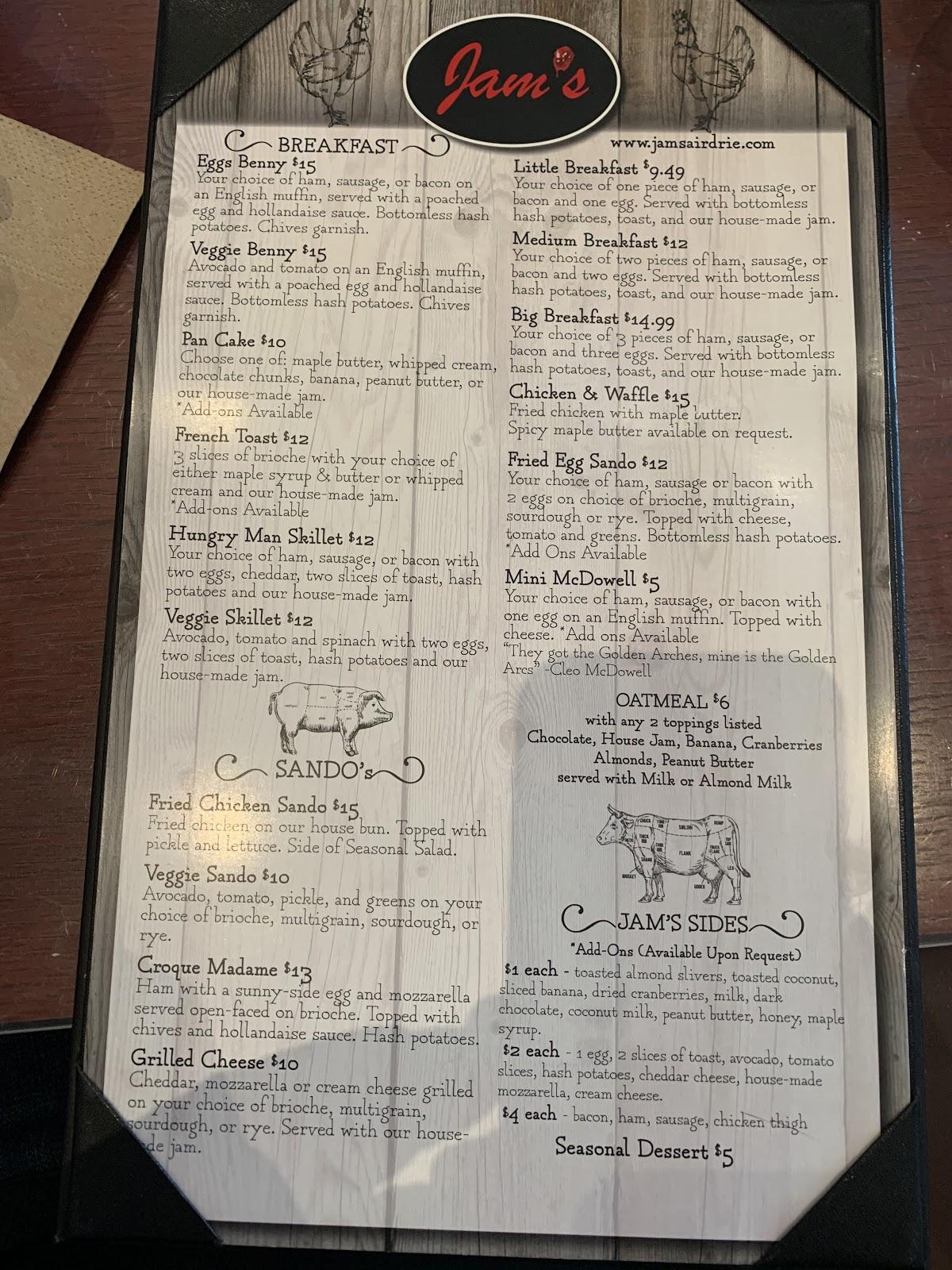 Menu at Jam's restaurant, Airdrie
