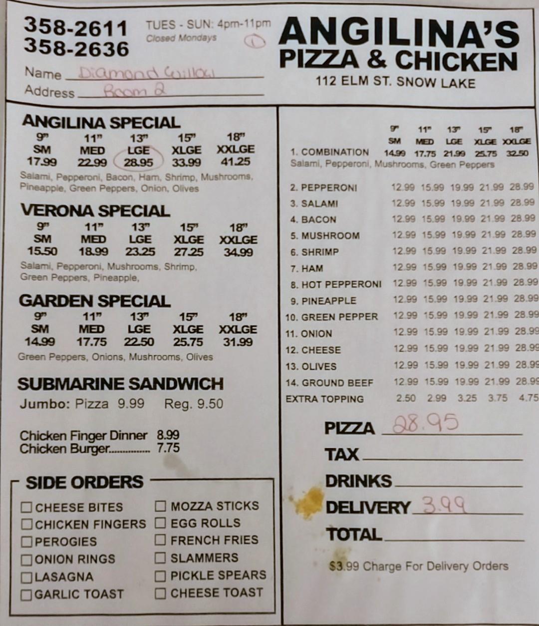 Menu At Angilinas Pizza Chicken Restaurant Snow Lake   R302 Angilinas Pizza And Chicken Menu 