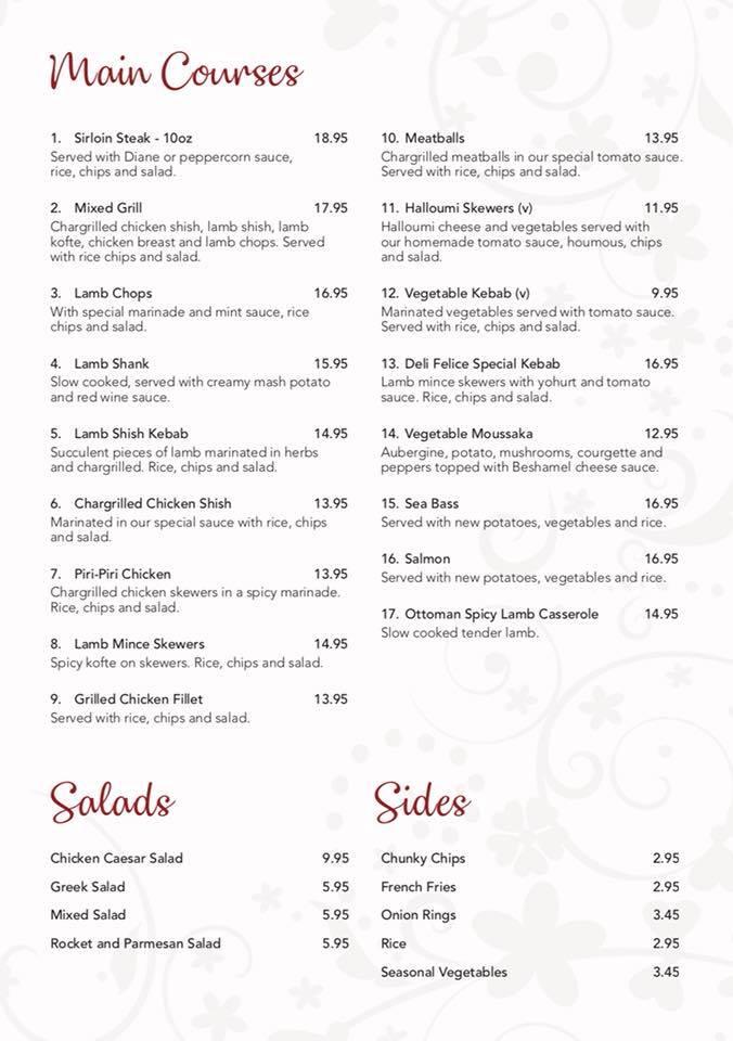 Menu at Deli Felice Turkish Cuisine restaurant, Stalybridge