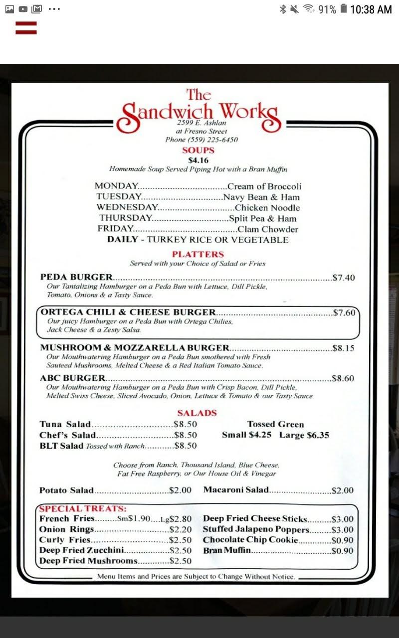 Menu at Sandwich Works restaurant, Fresno, E Ashlan Ave