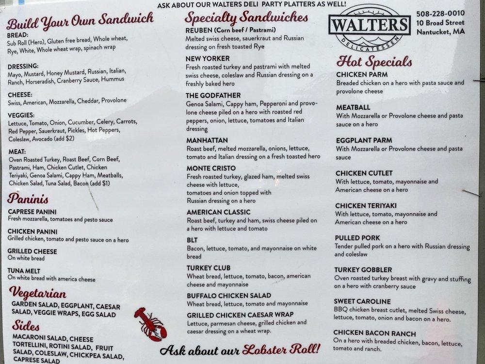 Menu at Walter's Deli restaurant, Nantucket