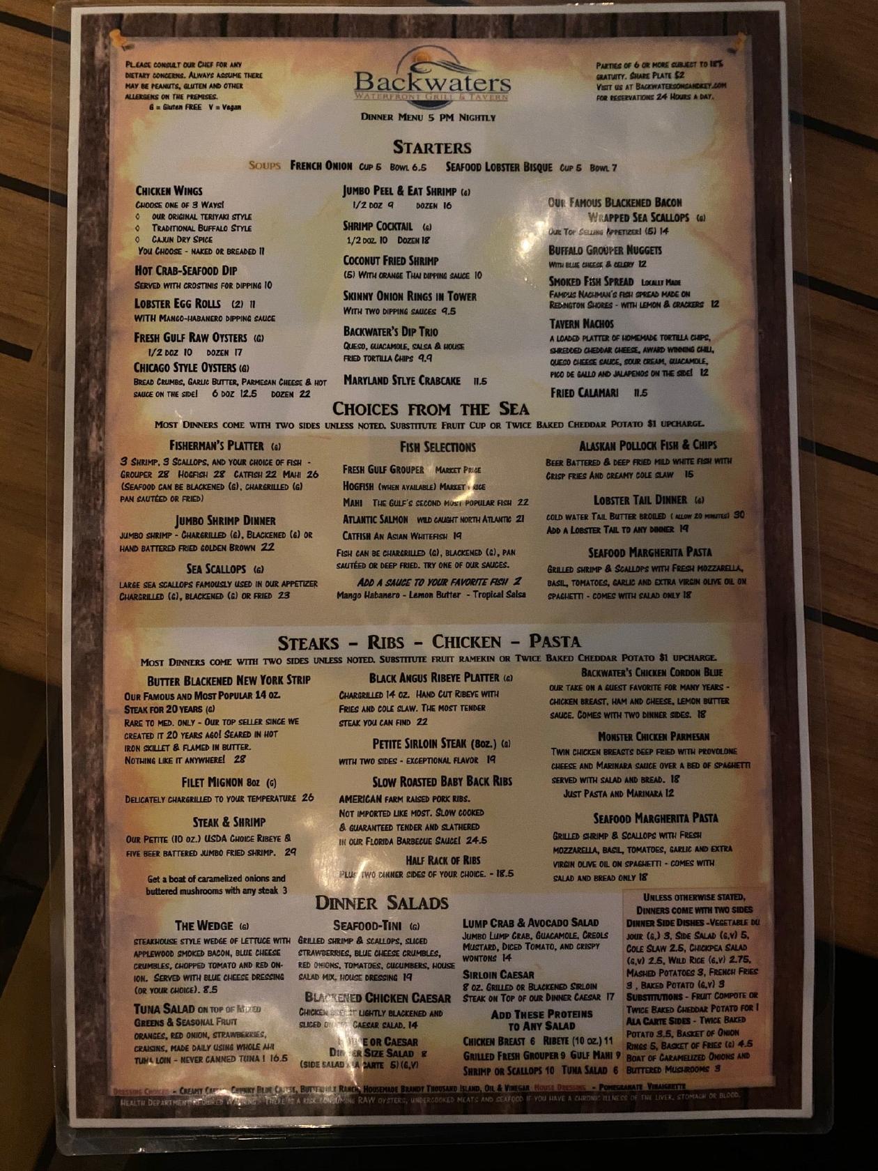 Menu at Backwaters restaurant, Clearwater