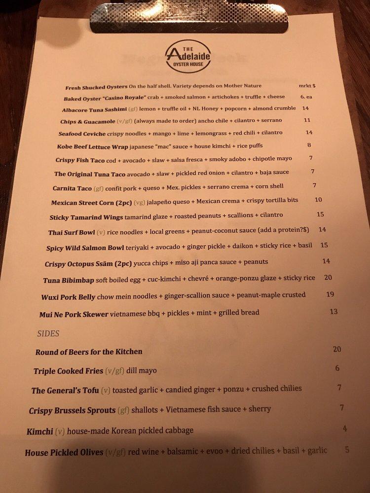 Menu au The Adelaide Oyster House pub et bar, Saint John's