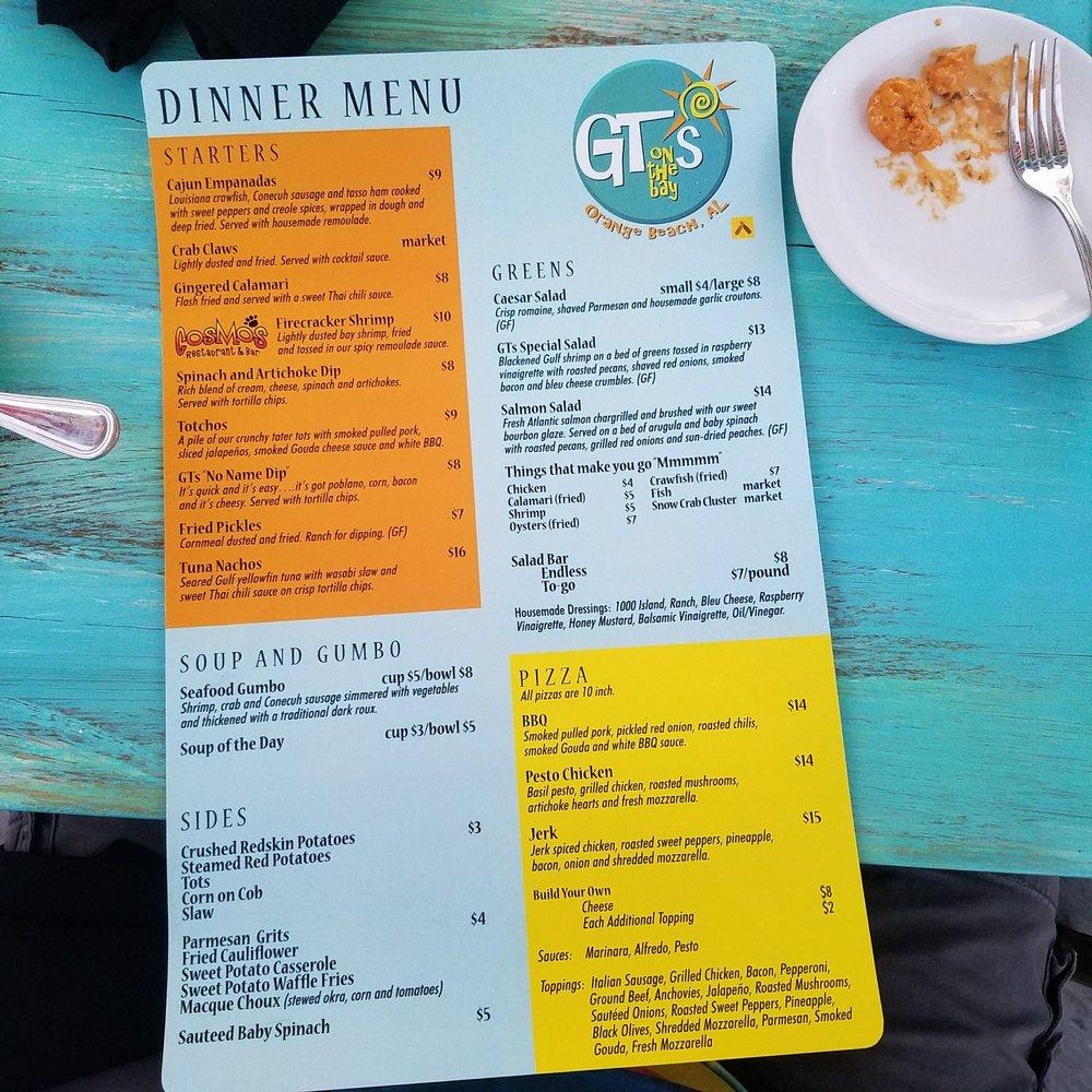 Menu at GTs On The Bay restaurant, Orange Beach