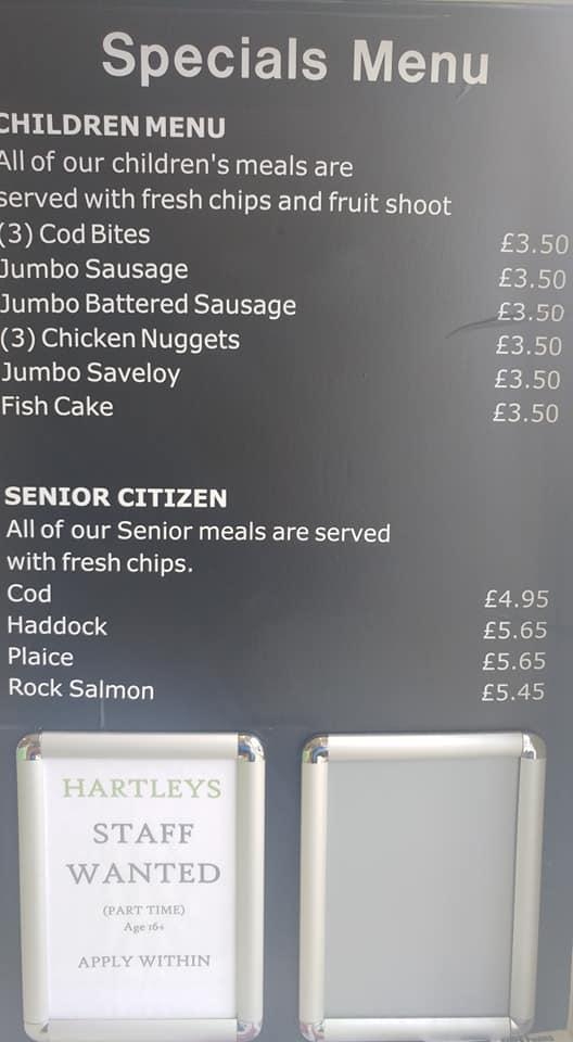 Menu at Hartley's fast food, Hook