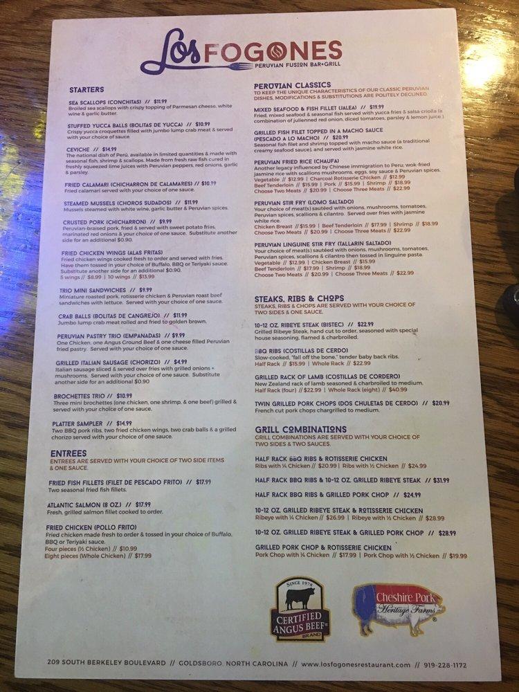 Menu at Los Fogones Restaurant Peruvian Fusion, Goldsboro