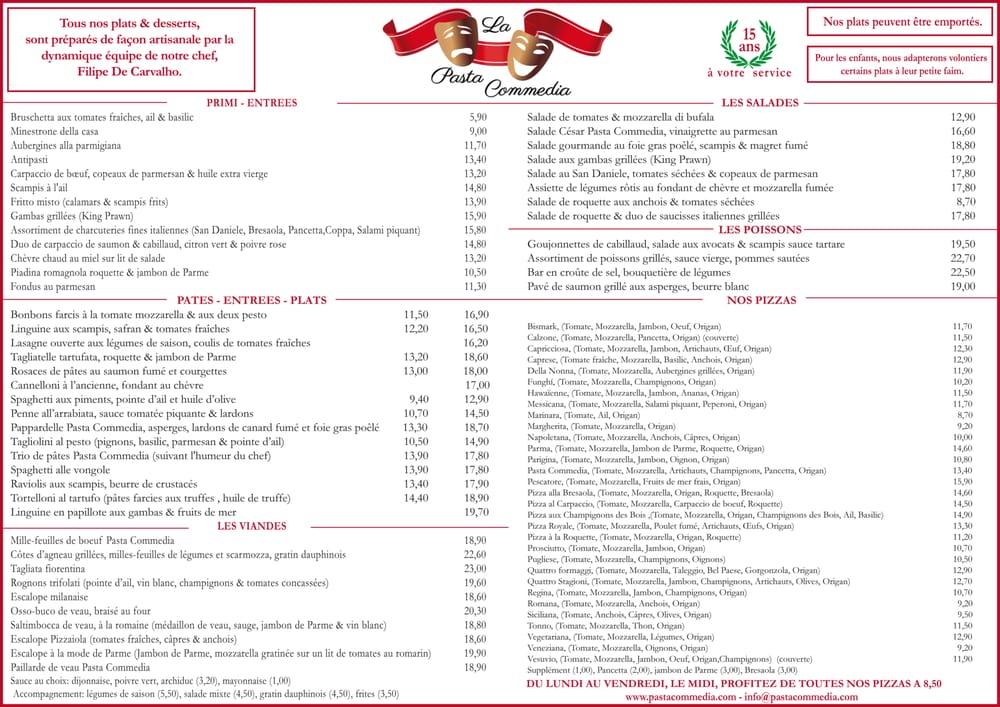 Menu at Pasta Commedia, Uccle, Av. Jean et Pierre Carsoel 3