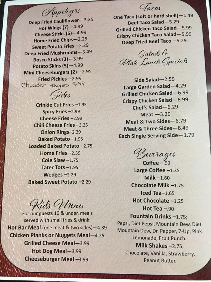 Menu at Opal's Restaurant 2, Annville