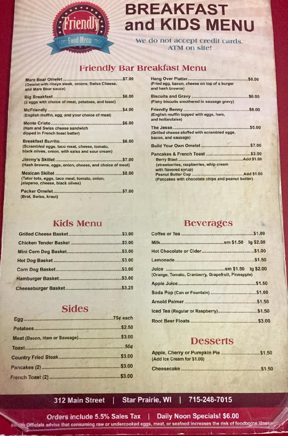 Menu at Friendly Bar Inc, Star Prairie
