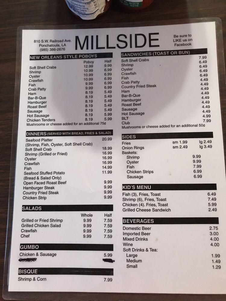 Menu at Millside restaurant, Ponchatoula