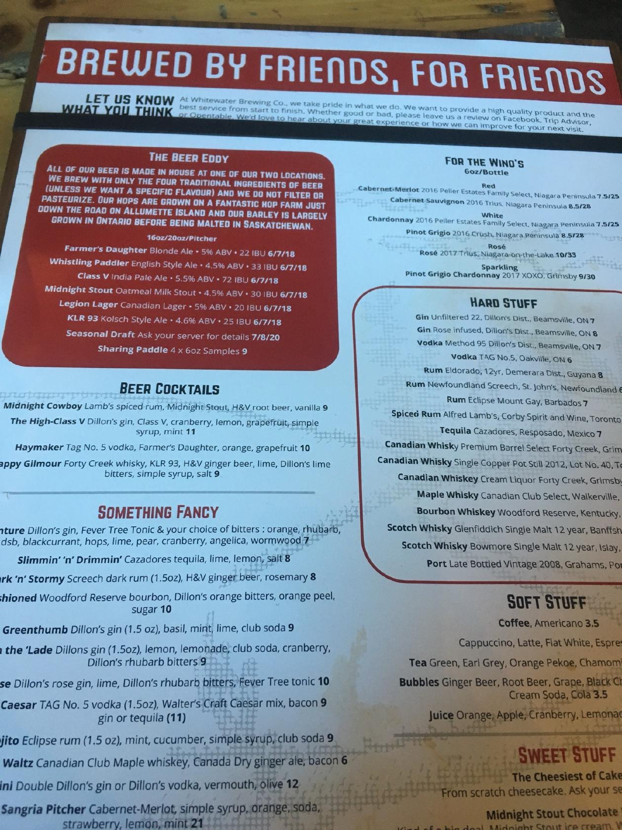 Menu at Whitewater Brewing pub & bar, Cobden