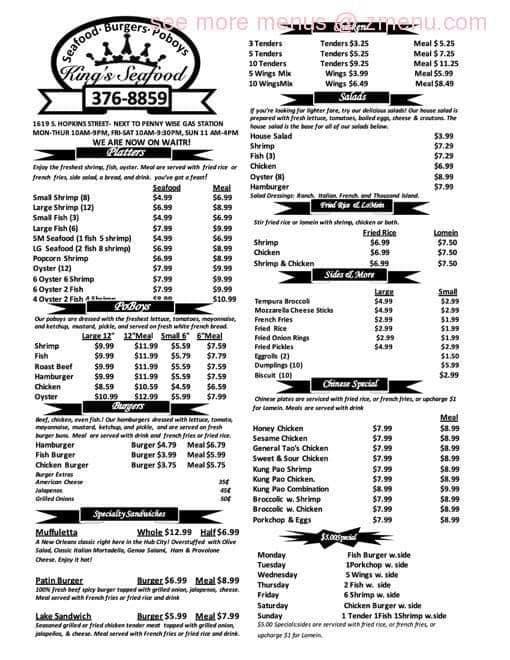 Menu at King’s Seafood New Iberia restaurant, New Iberia