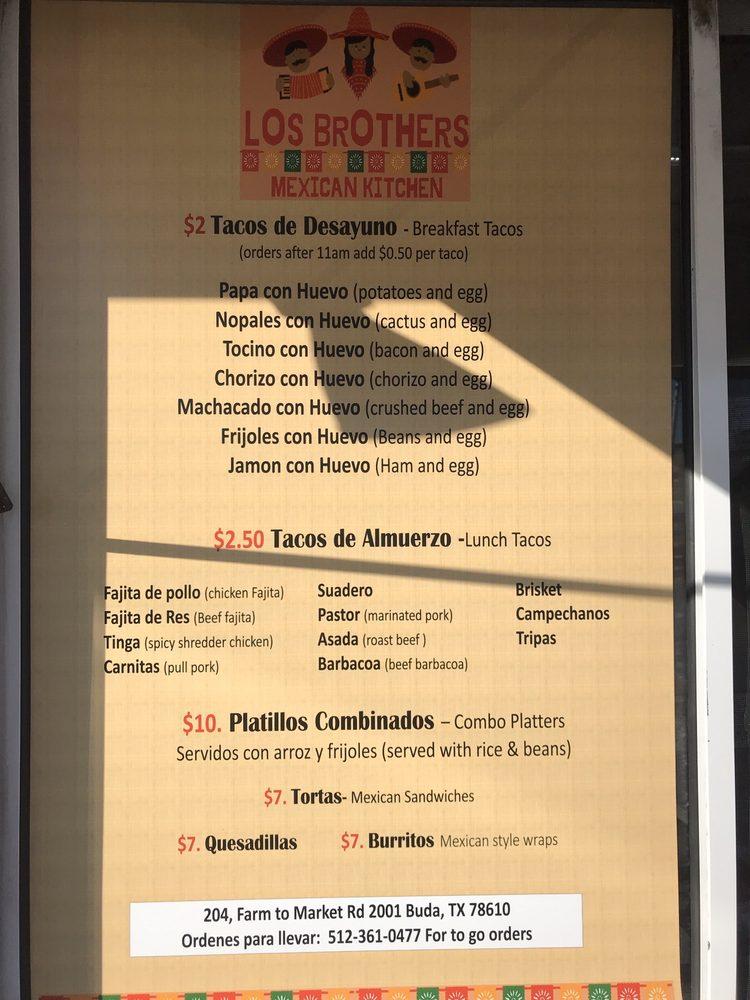 Menu at Los Brothers Mexican Kitchen restaurant, Buda