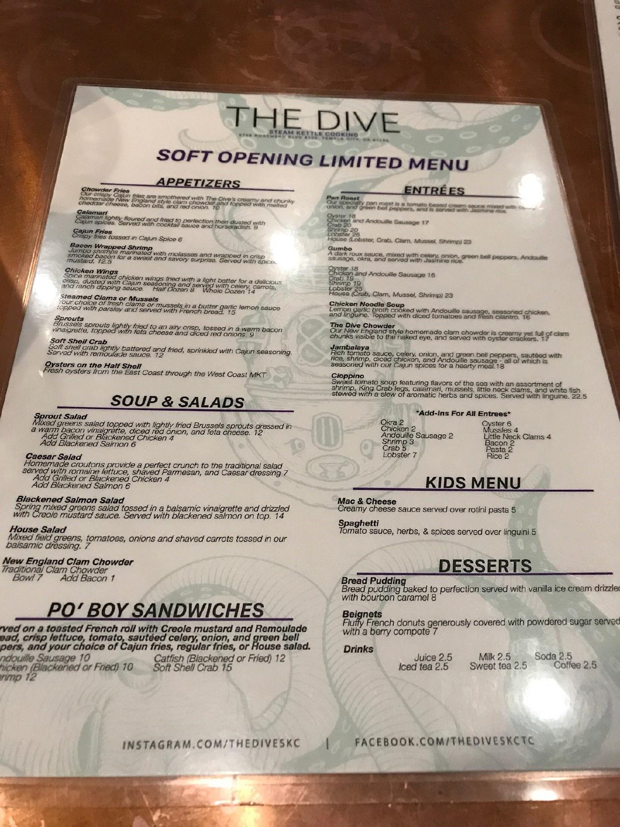 Carta de The Dive Oyster Bar, Temple City