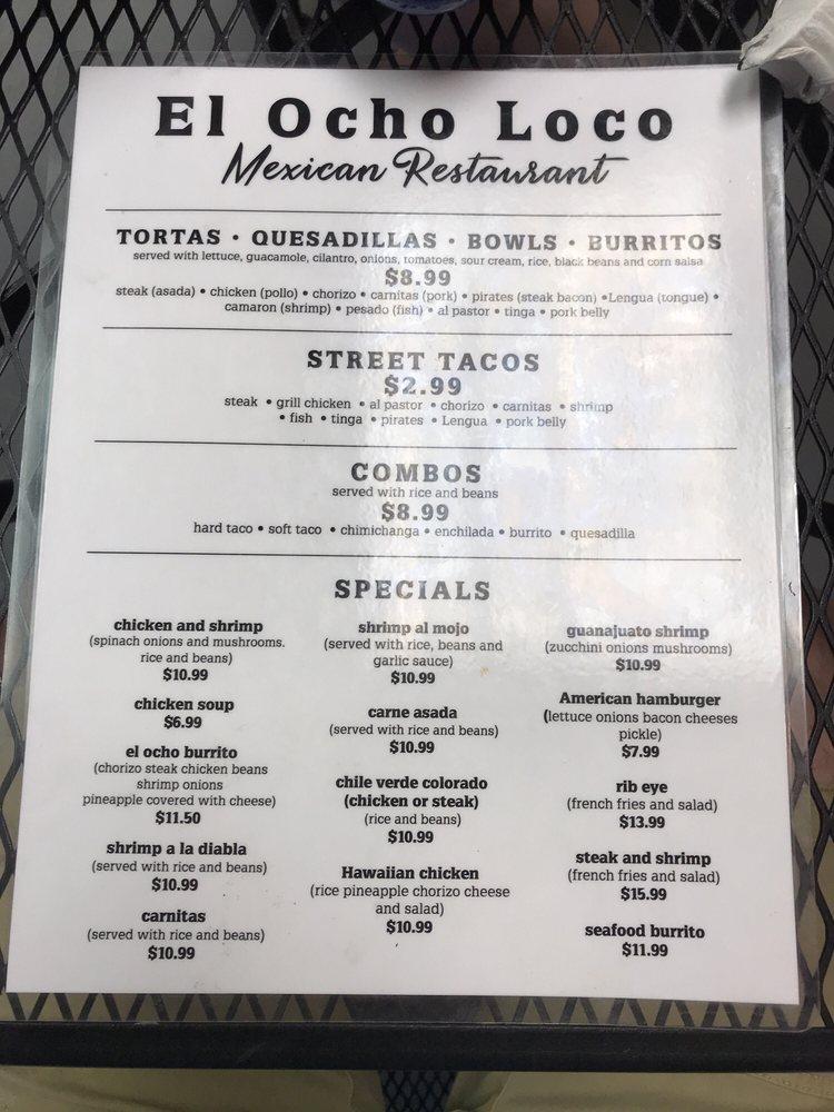 Menu at El Ocho Loco, Mexican Restaurant, Erlanger