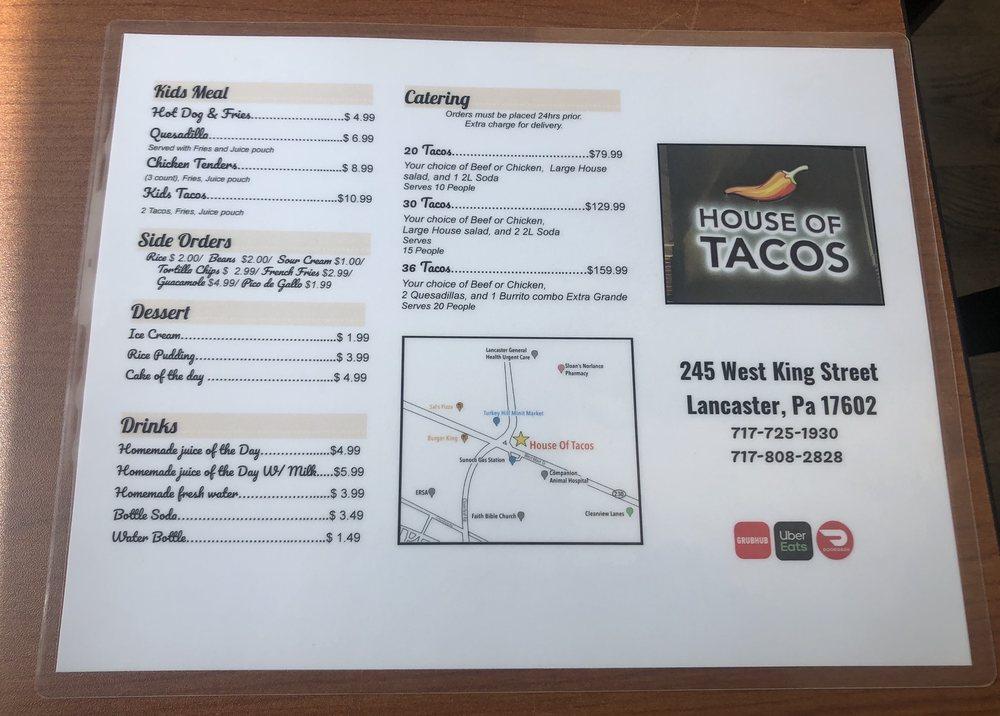 Menu at House of Tacos restaurant, Mount Joy